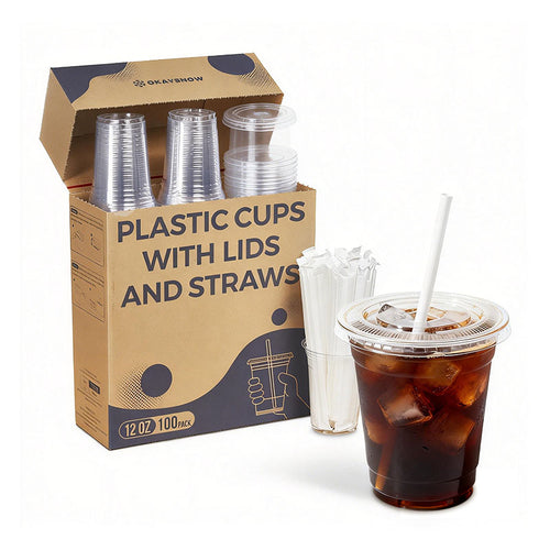 12oz Clear Disposable Cups with Lids and Straws
