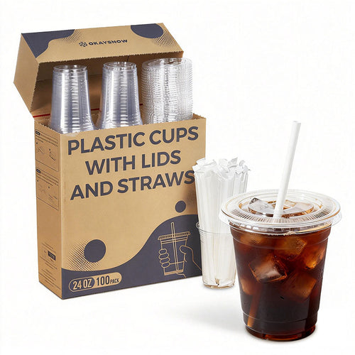 24oz Clear Disposable Cups with Lids and Straws