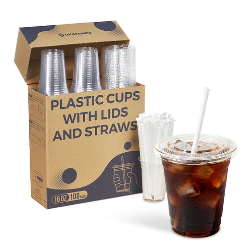 16oz Clear Disposable Cups with Lids and Straws