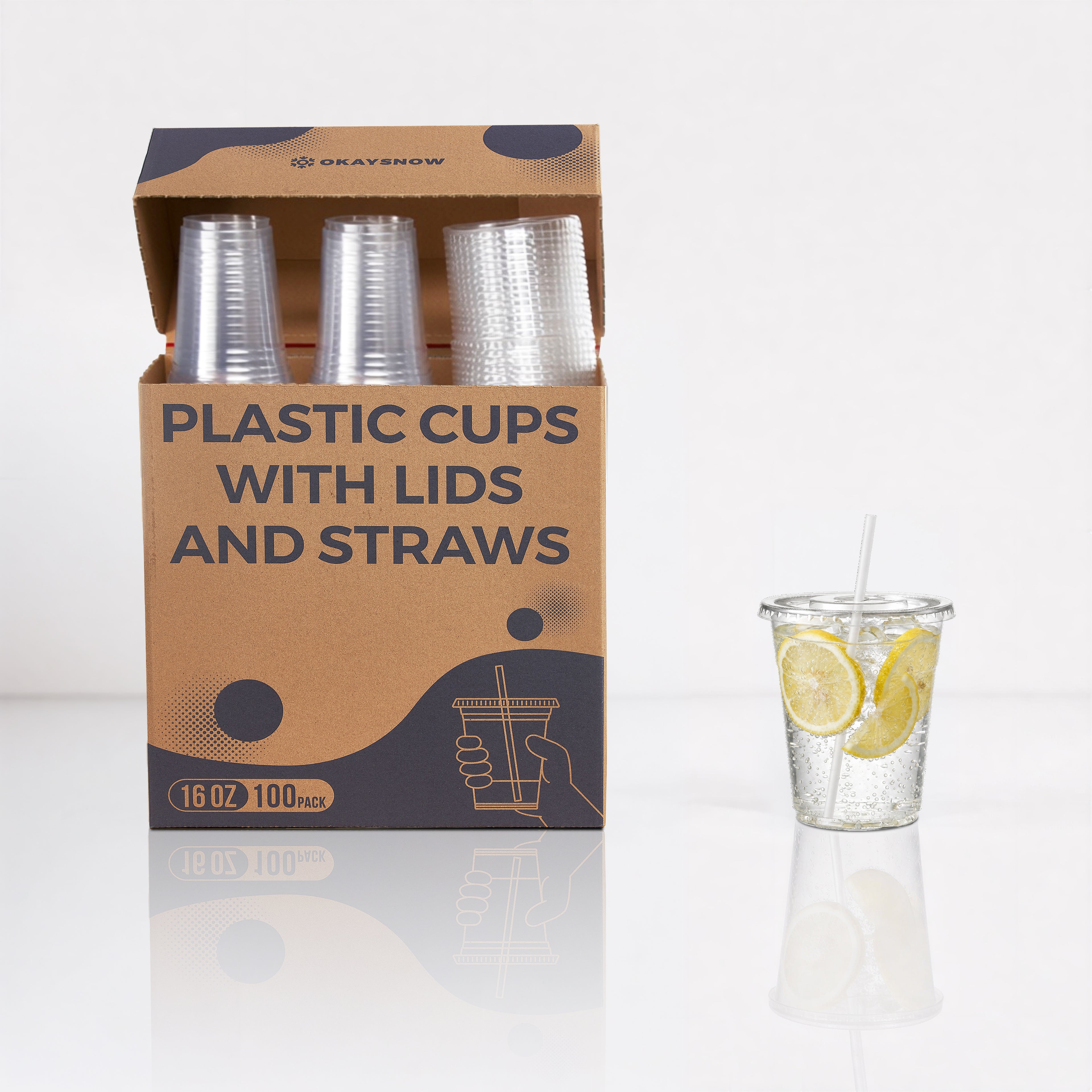 16oz Clear Disposable Cups with Lids and Straws