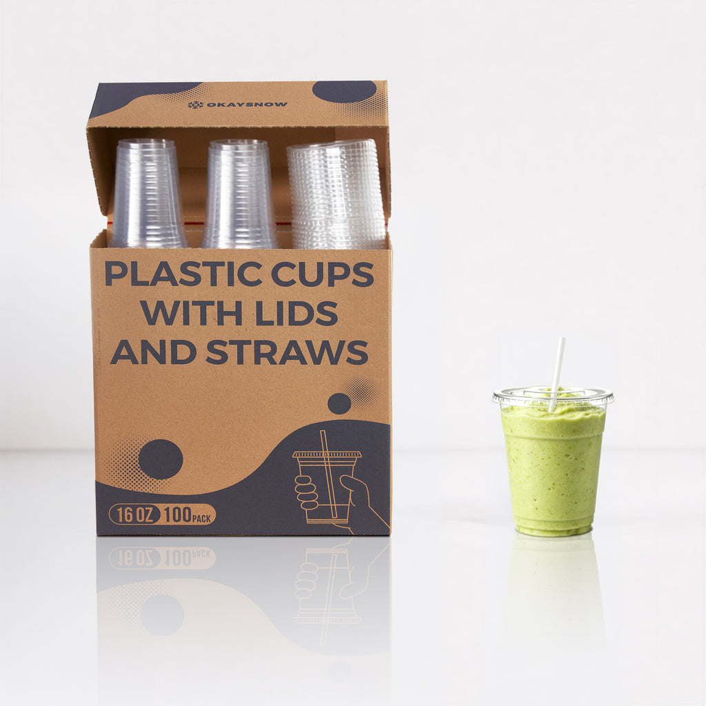 16oz Clear Disposable Cups with Lids and Straws