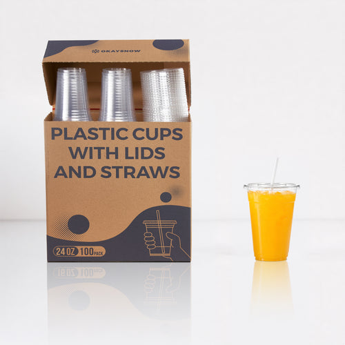 24oz Clear Disposable Cups with Lids and Straws