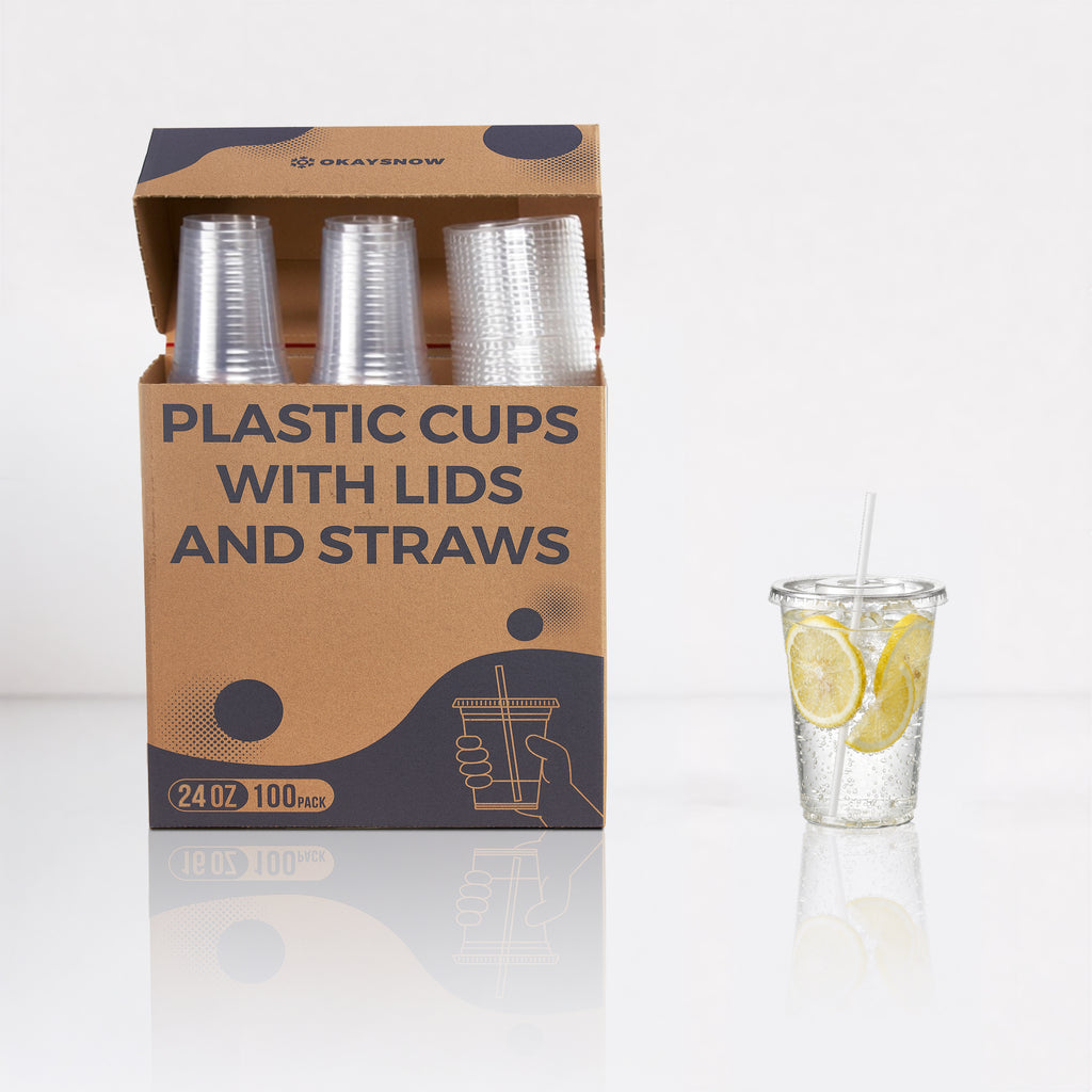 24oz Clear Disposable Cups with Lids and Straws