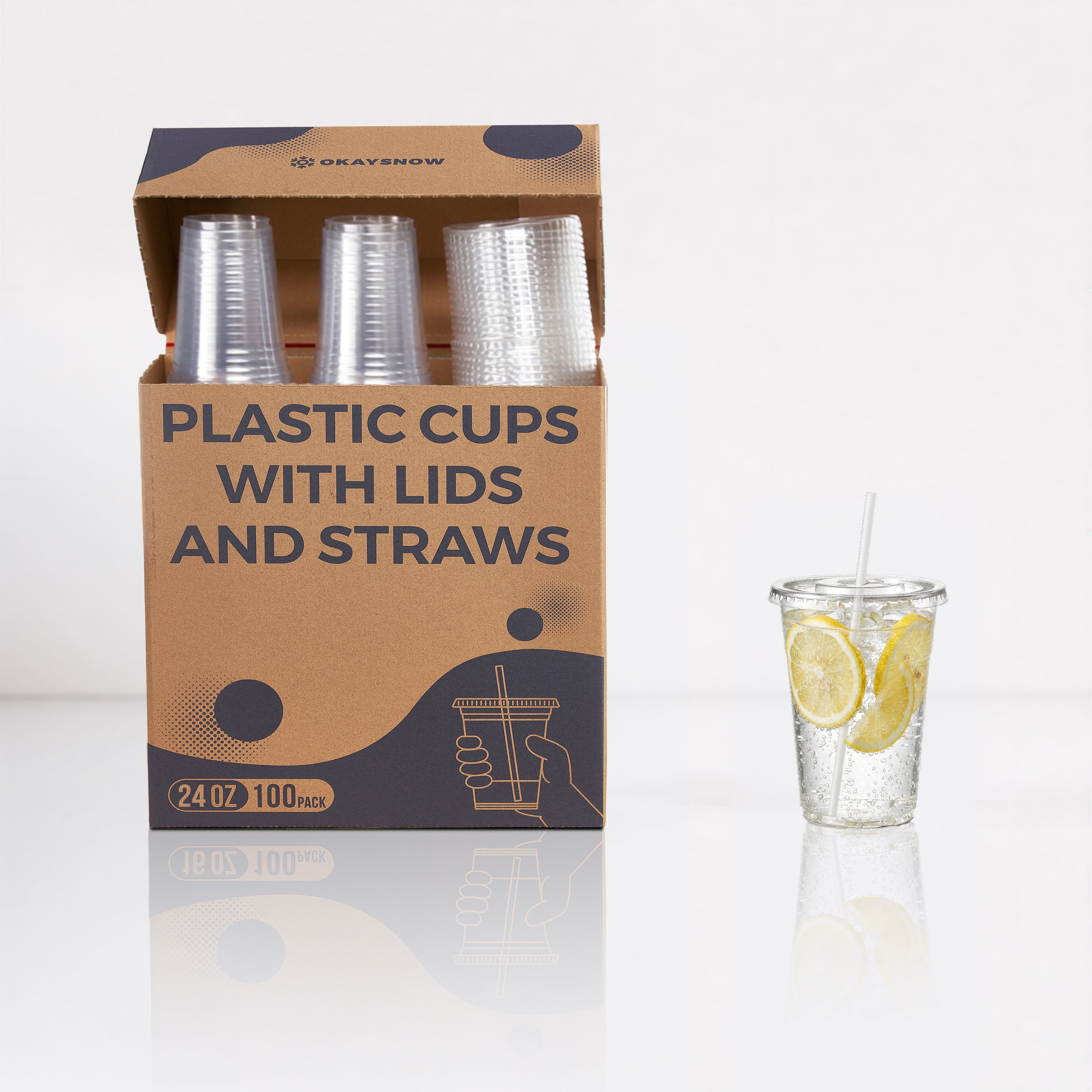 24oz Clear Disposable Cups with Lids and Straws