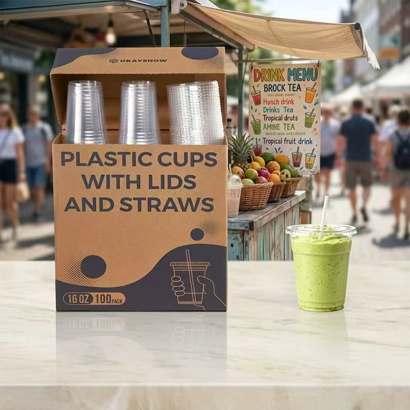 16oz Clear Disposable Cups with Lids and Straws