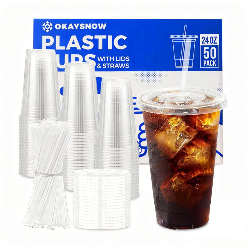 24oz Clear Disposable Cups with Lids and Straws