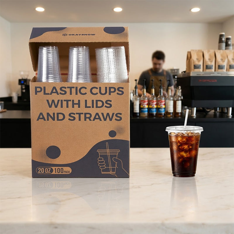 20oz Clear Disposable Cups with Lids and Straws