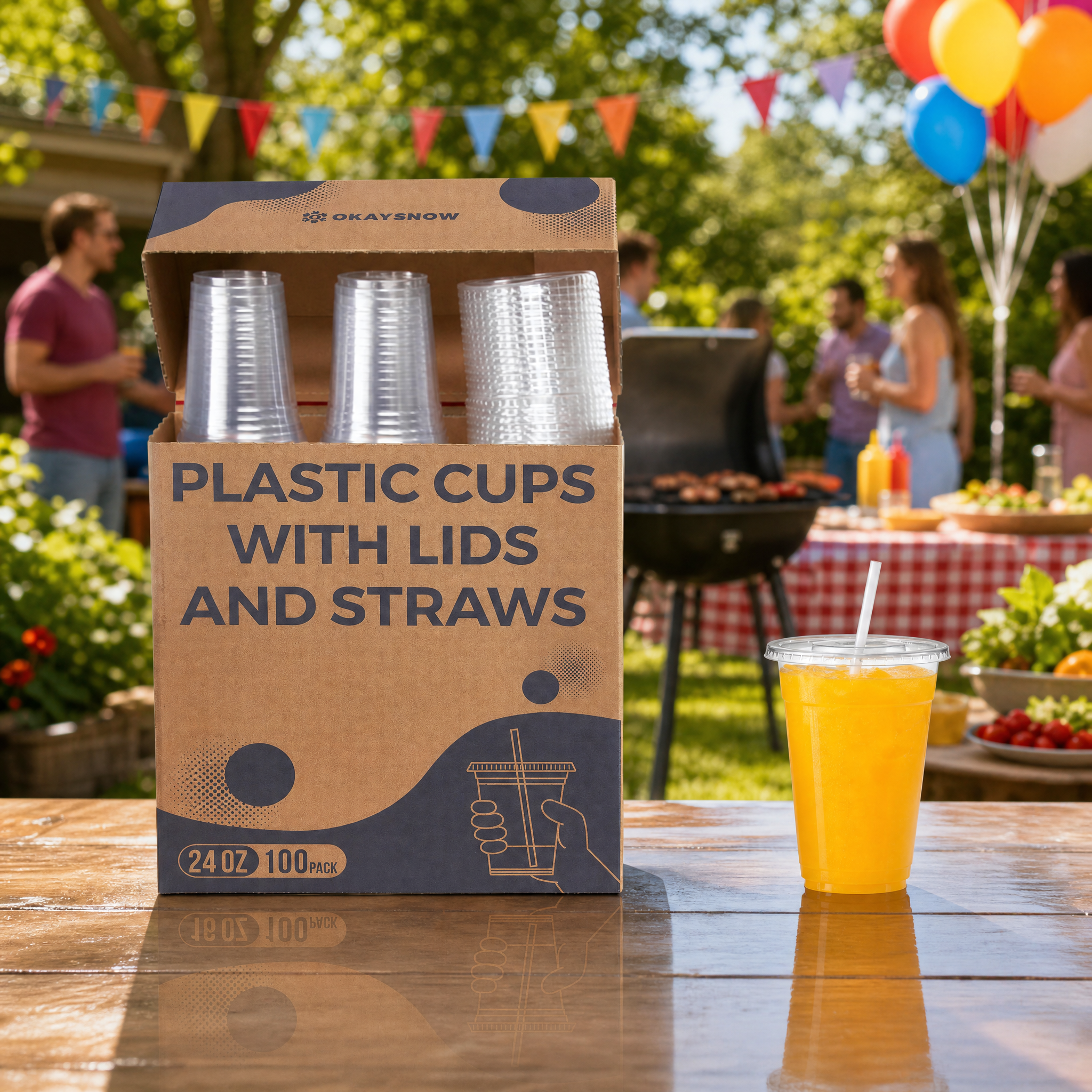 24oz Clear Disposable Cups with Lids and Straws