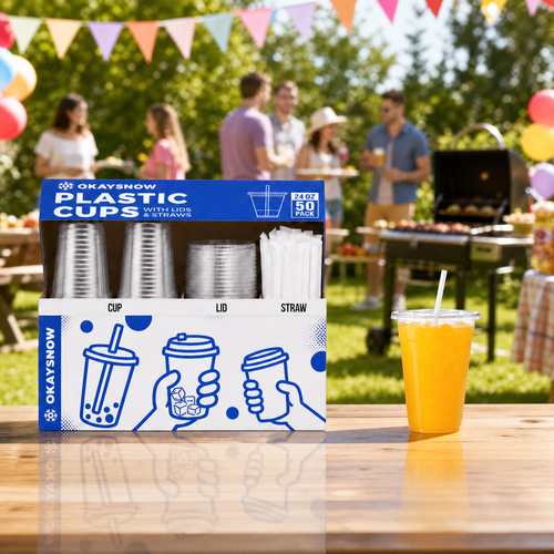 24oz Clear Disposable Cups with Lids and Straws