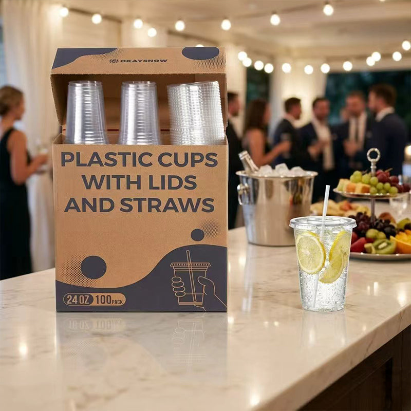 24oz Clear Disposable Cups with Lids and Straws