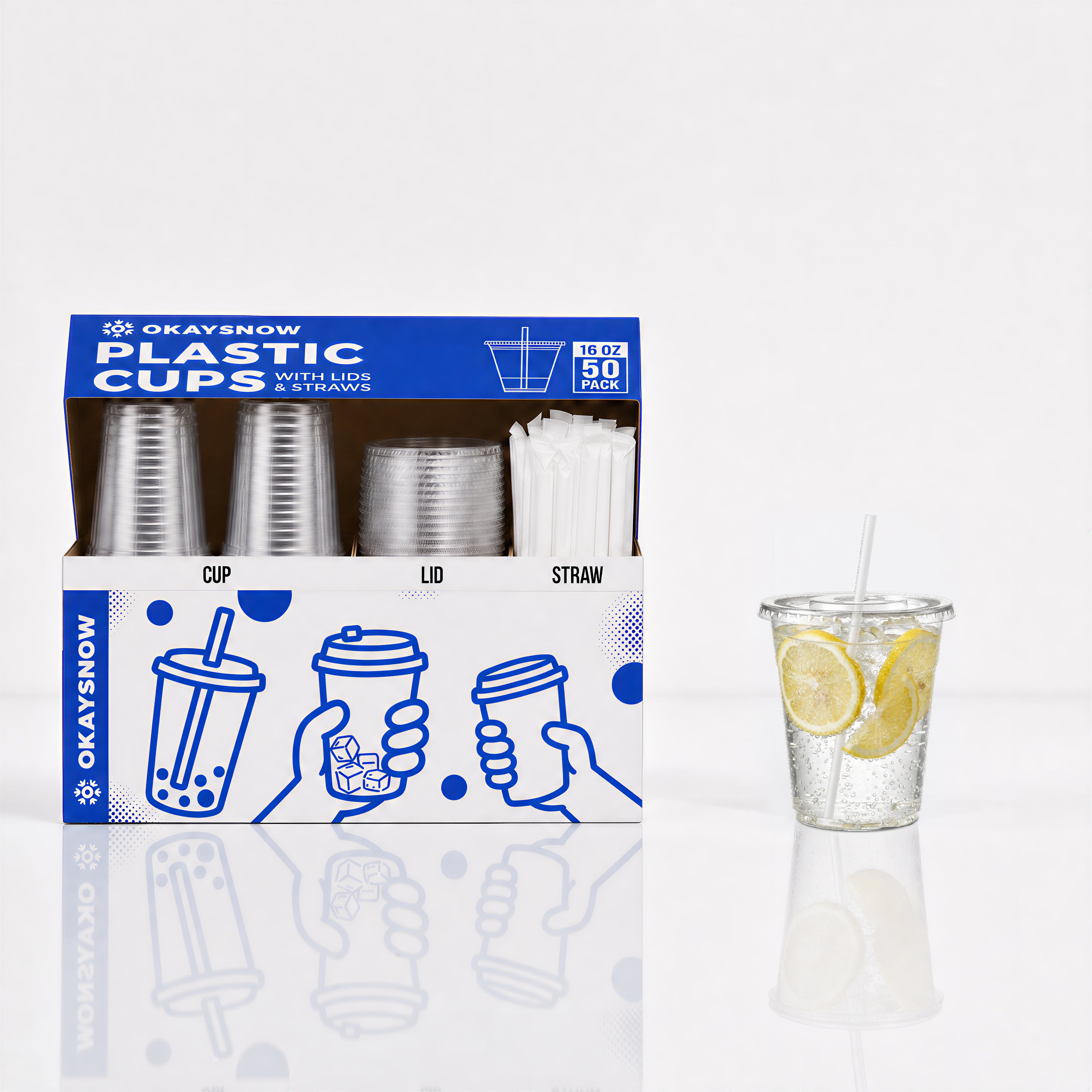 16oz Clear Disposable Cups with Lids and Straws