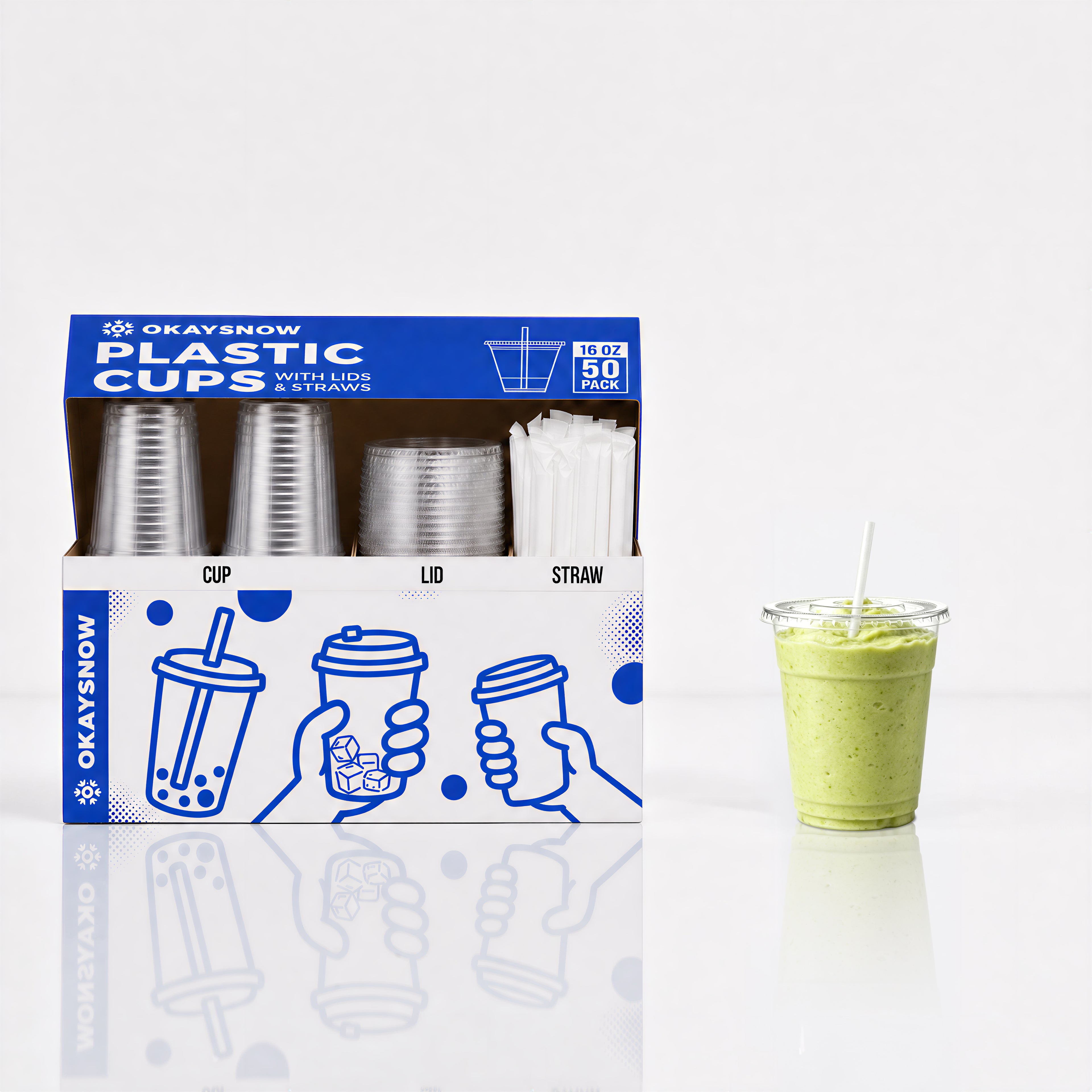 16oz Clear Disposable Cups with Lids and Straws