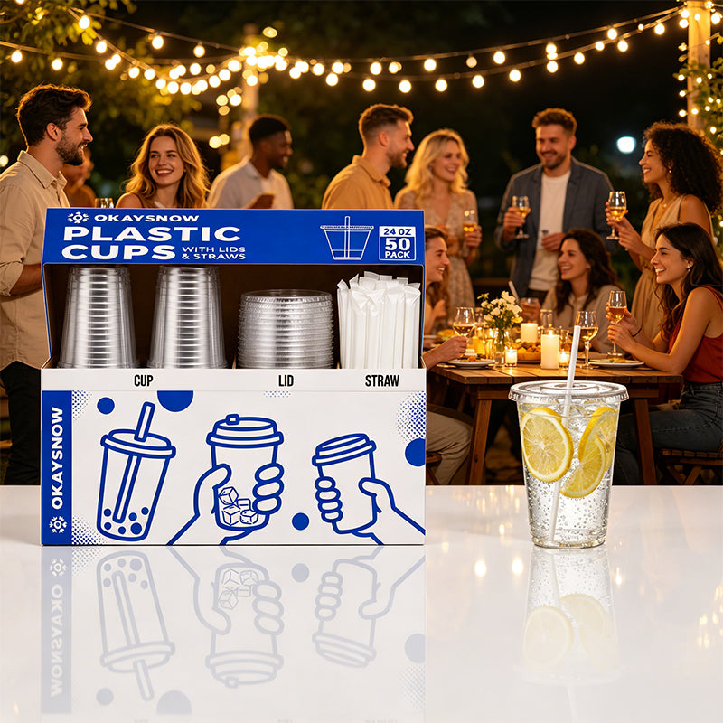 24oz Clear Disposable Cups with Lids and Straws