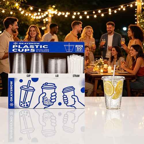 24oz Clear Disposable Cups with Lids and Straws
