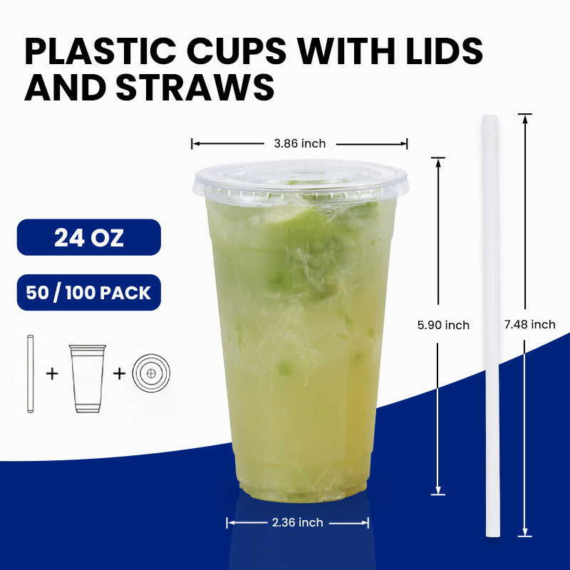 24oz Clear Disposable Cups with Lids and Straws