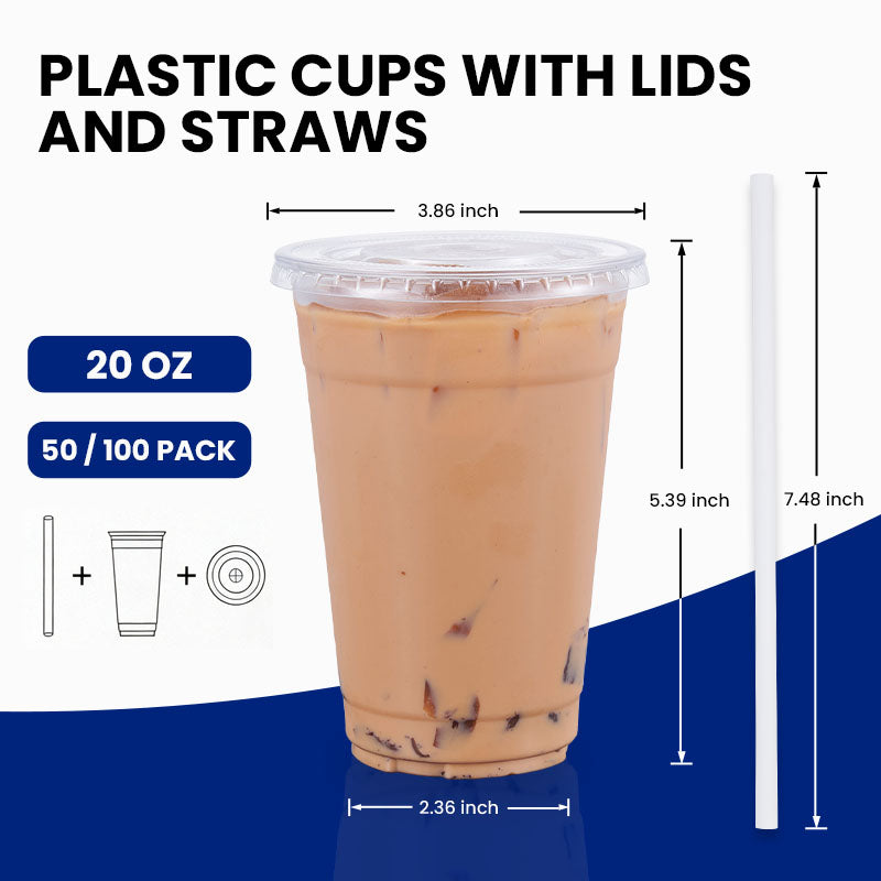 20oz Clear Disposable Cups with Lids and Straws