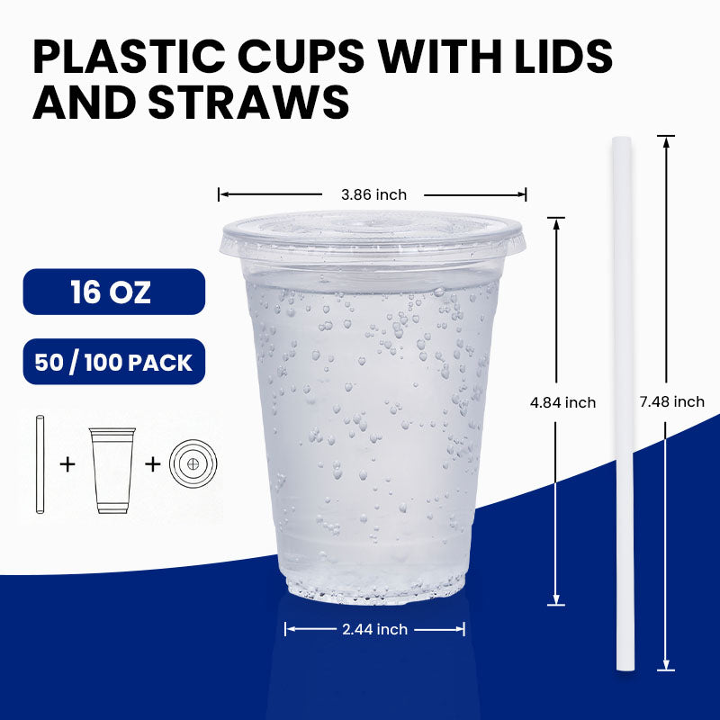16oz Clear Disposable Cups with Lids and Straws